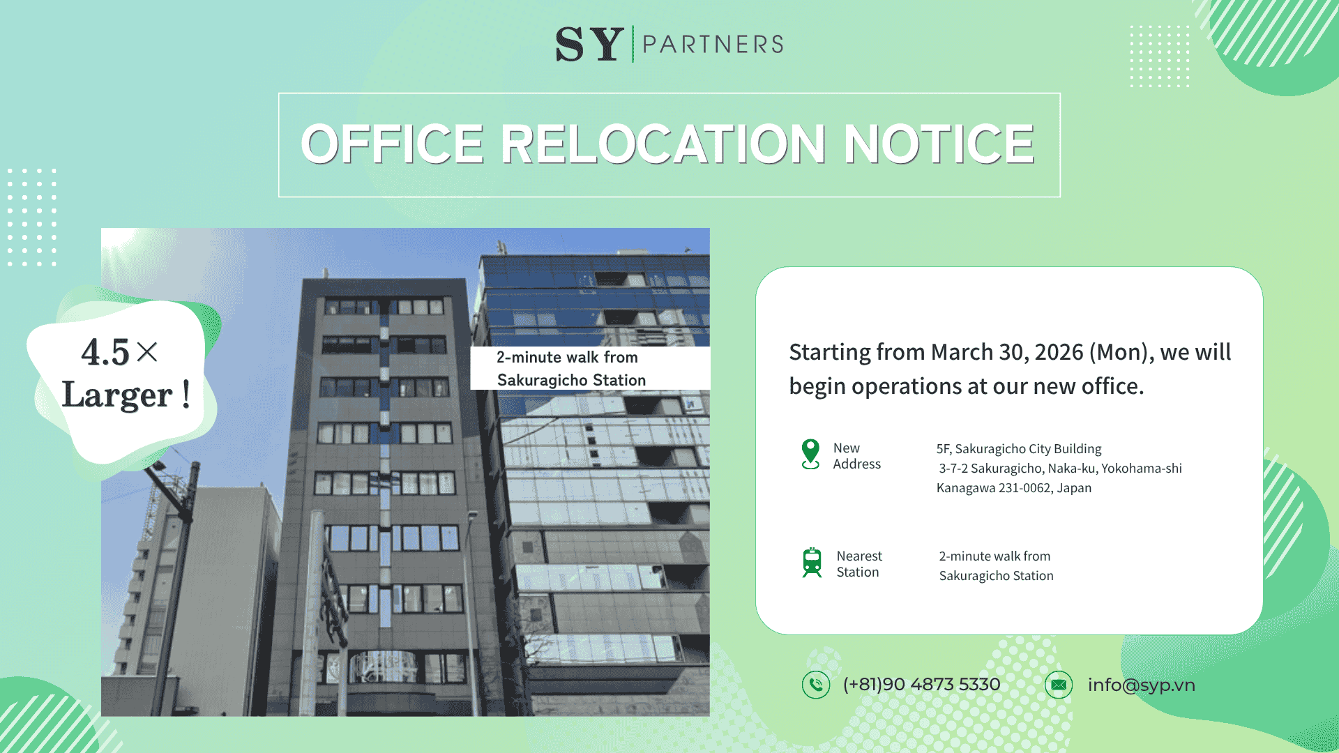 SY Partners Japan Office Relocation Announcement | 4.5× Expansion 
